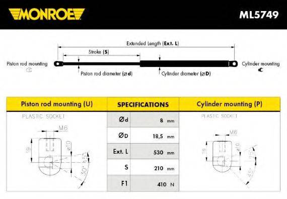 Газова пружина, кришка багажника MONROE ML5749